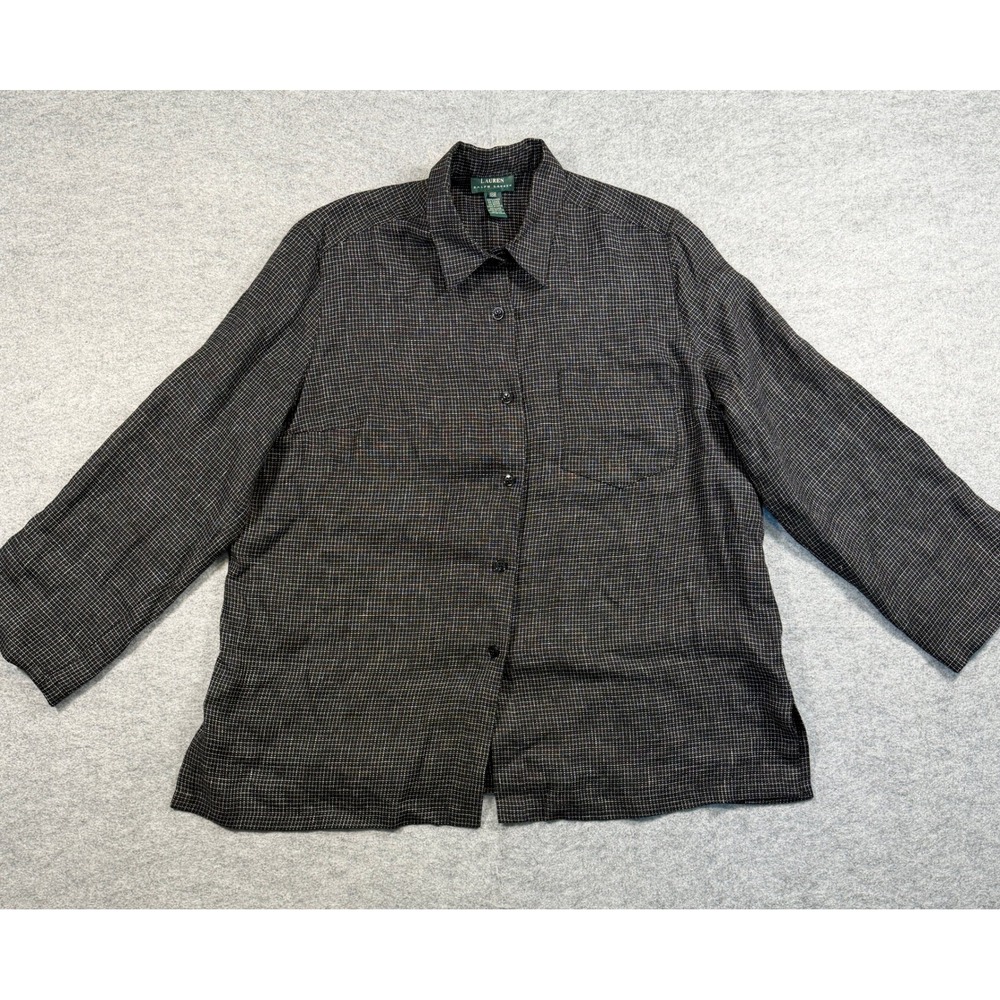 Lauren Ralph Lauren Womens 18W Button Up Shirt Black White Grid 100% Linen